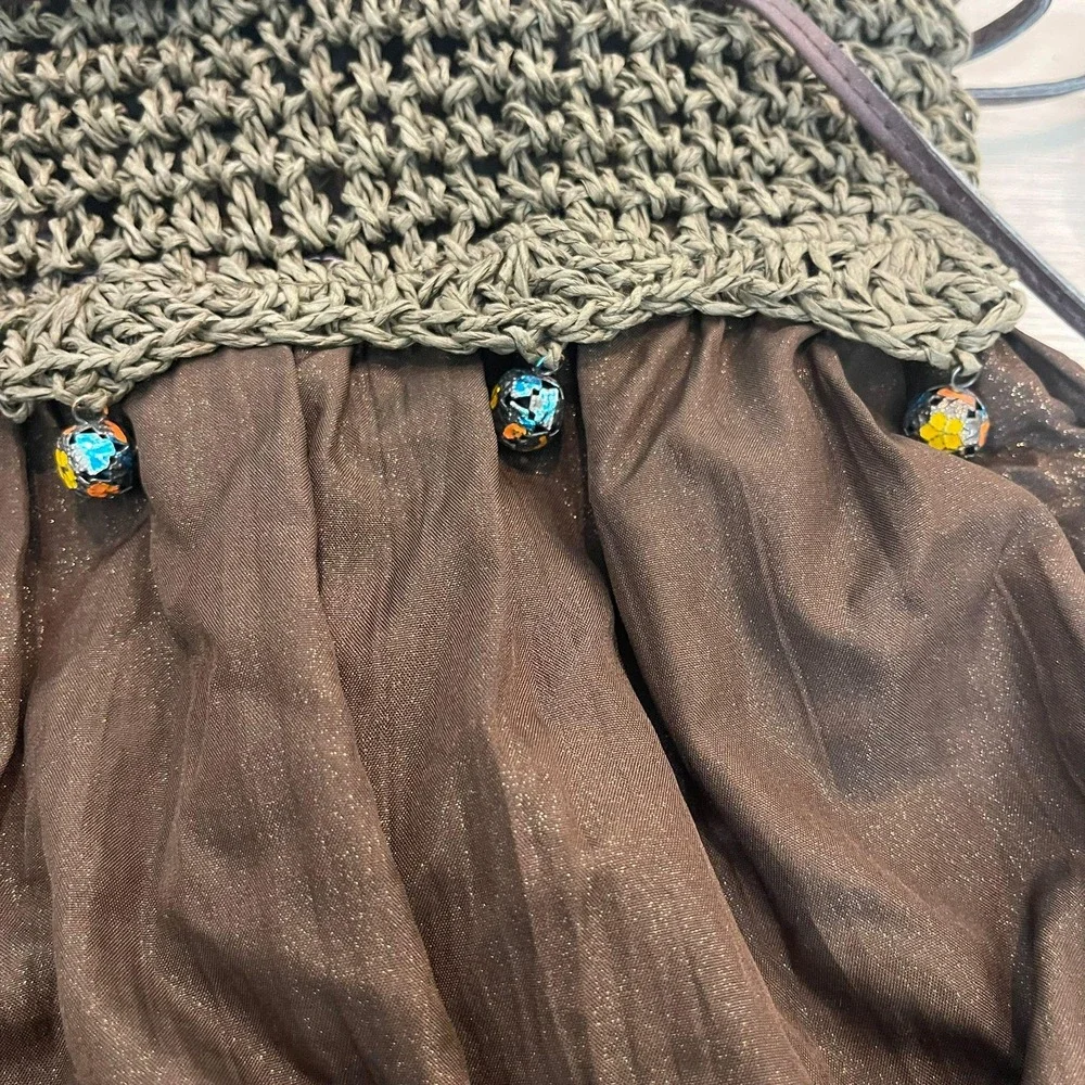 Bohemian Crochet Knit Bag Women Brown Beaded Drawstring Hobo Boho Fairycore Y2k‎